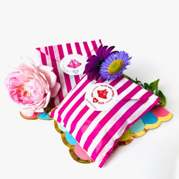 CANDY STRIPED PAPER BAGS FILLED WITH PICK & MIX SWEETS