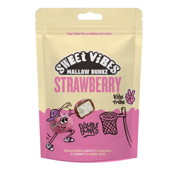 Sealed packet of strawberry mallow dunkz sweets on a white background