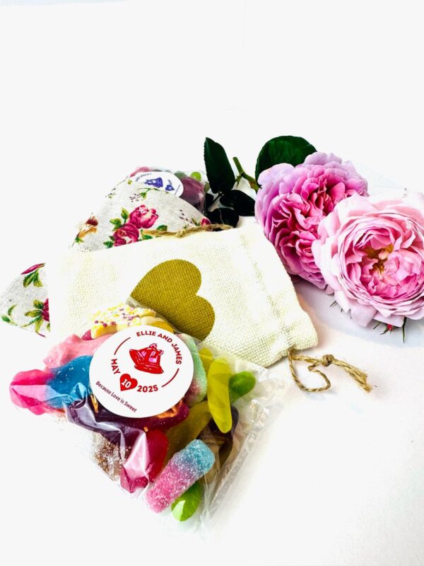 Pick & mix sweets inside decoraive drawstring gift bags